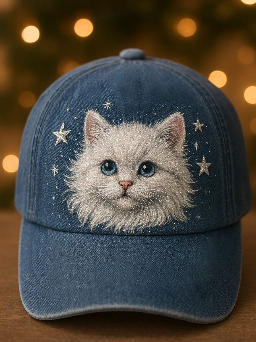 Gorra vaquera con gato blanco y estrellas