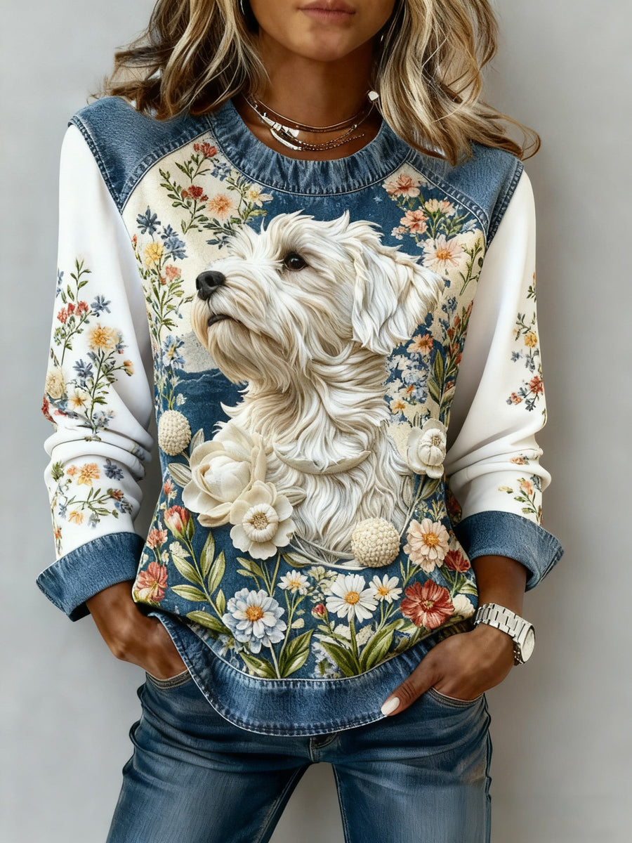 Sudadera vaquera con westie entre flores