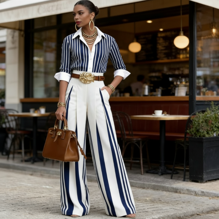 Elena | Conjunto con camisa a rayas y pantalón ancho