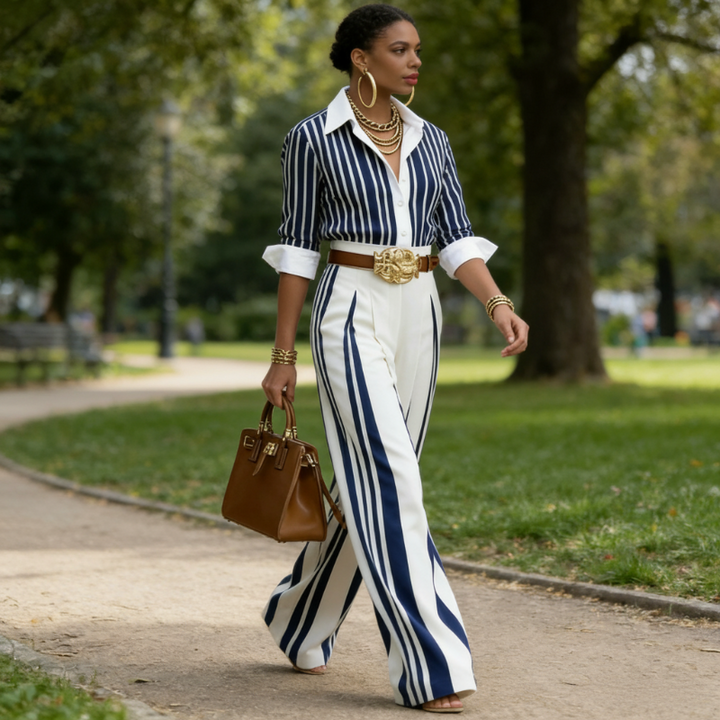 Elena | Conjunto con camisa a rayas y pantalón ancho