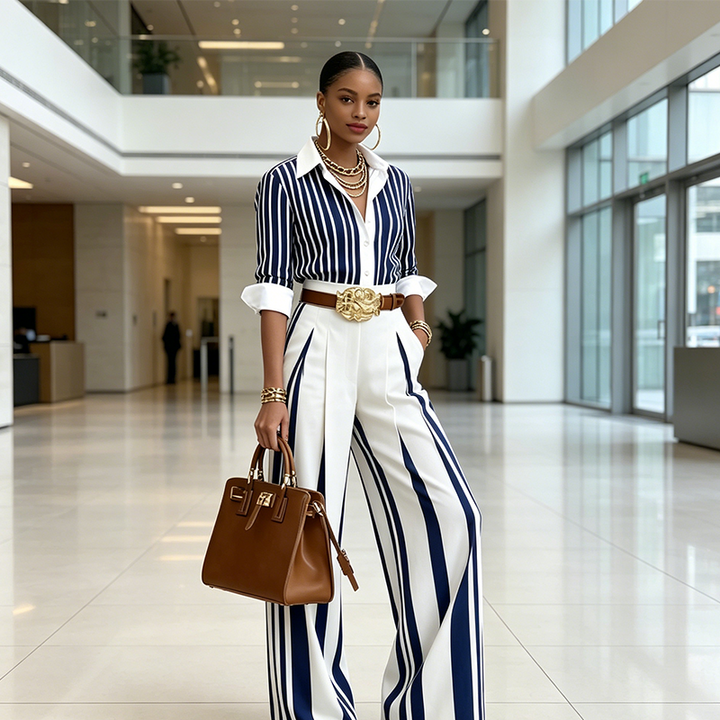 Elena | Conjunto con camisa a rayas y pantalón ancho