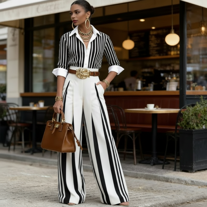 Elena | Conjunto con camisa a rayas y pantalón ancho