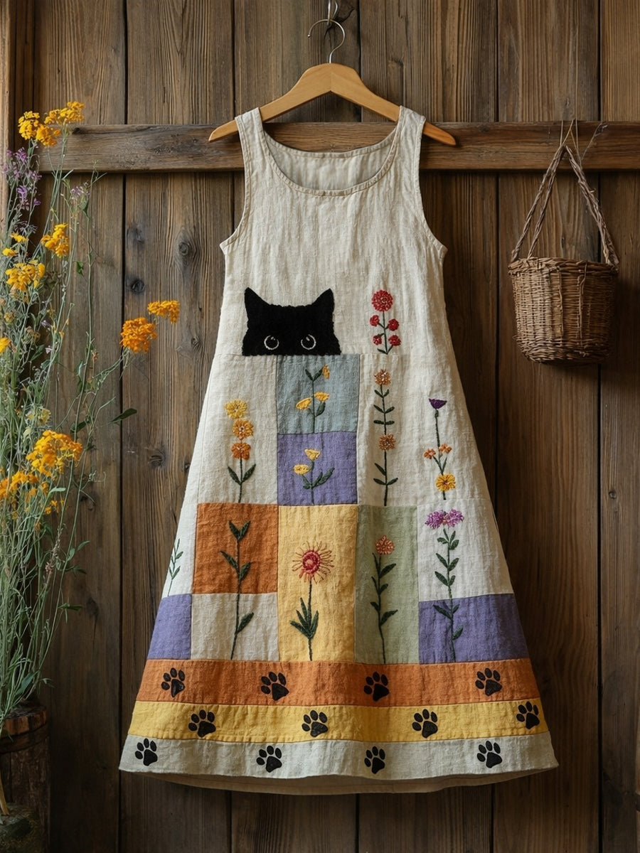 Vestido de lino con gato negro y flores