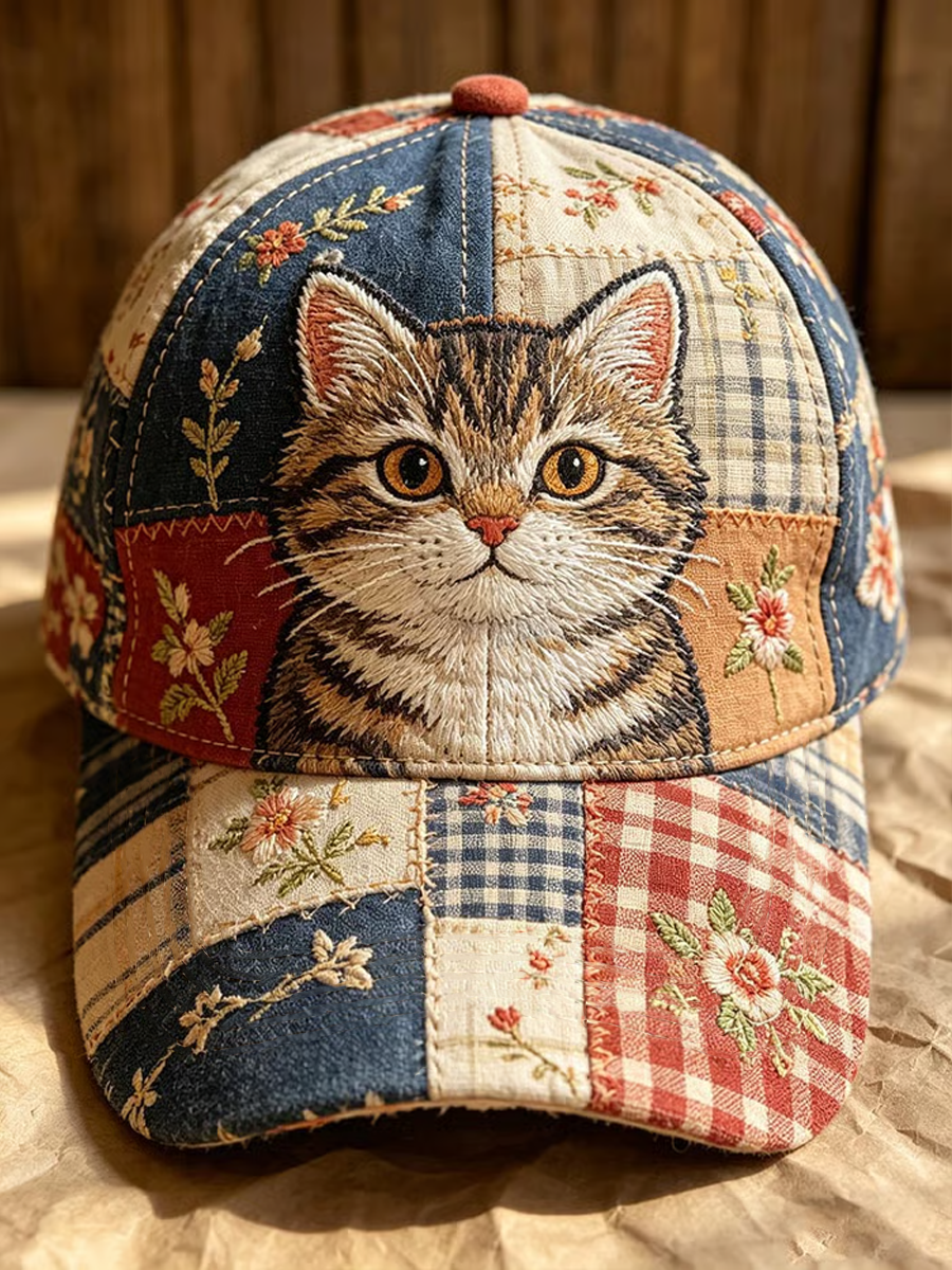 Gorra patchwork con gato atigrado