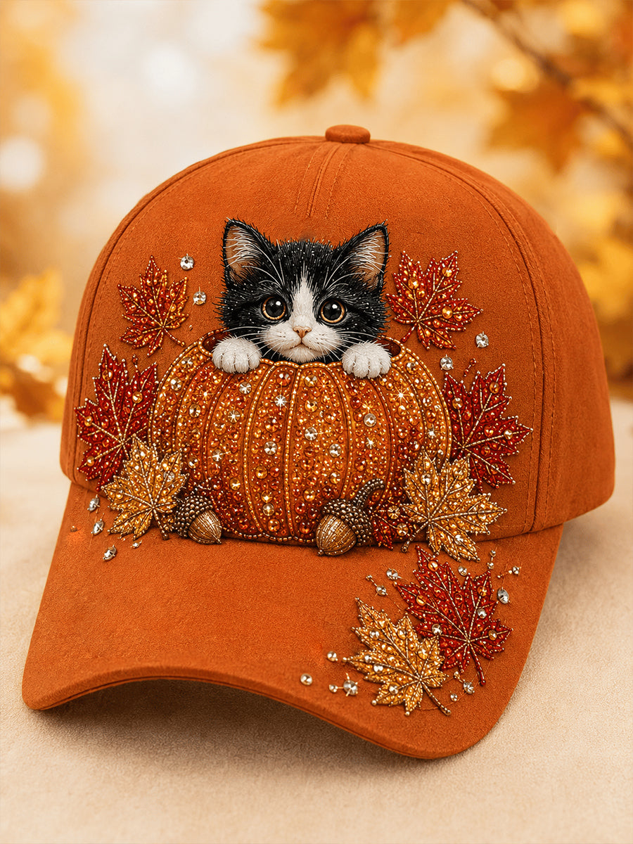 Gorra naranja con gato y calabaza