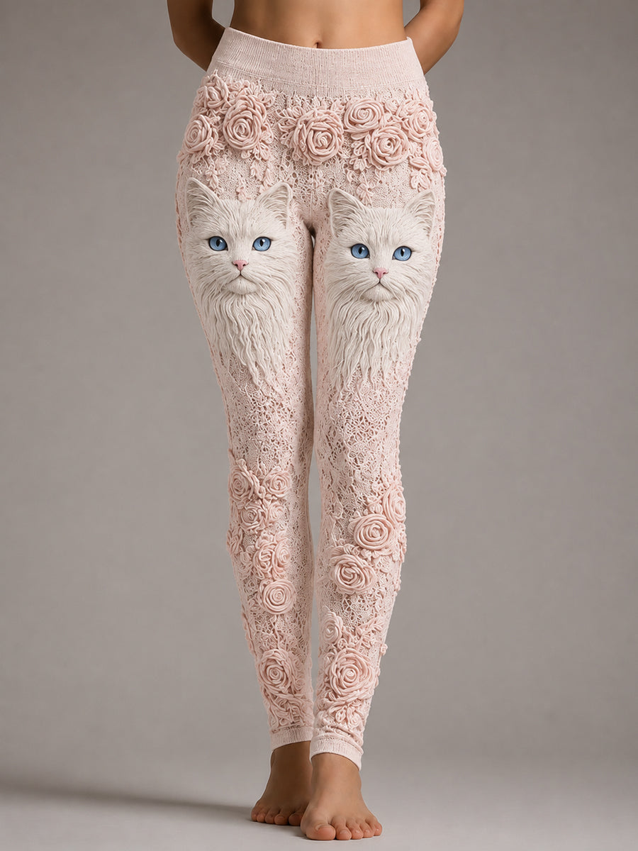 Leggings rosa palo con gatos y flores