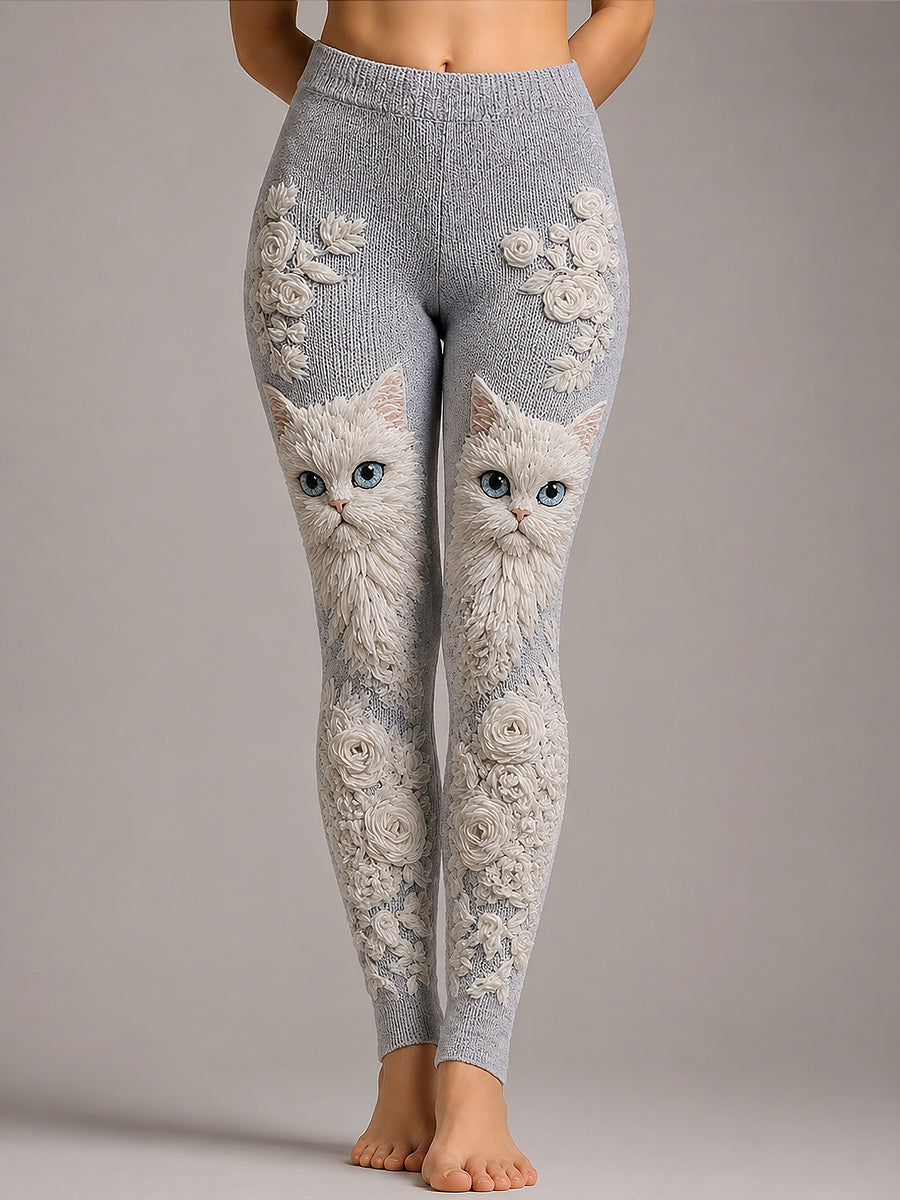 Leggings grises con gatos y flores