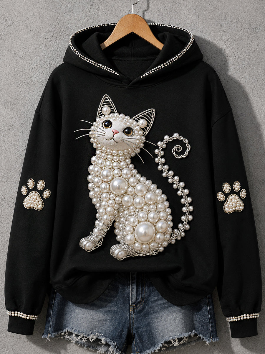 Sudadera negra con gato blanco de perlas