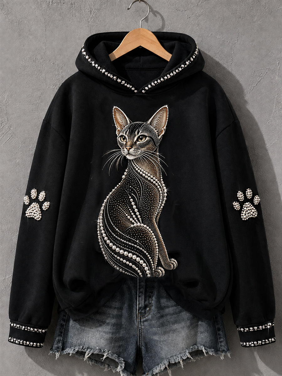 Sudadera negra con gato abisinio de perlas