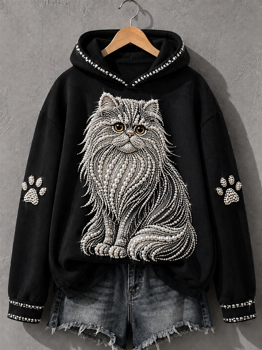 Sudadera negra con gato persa de perlas