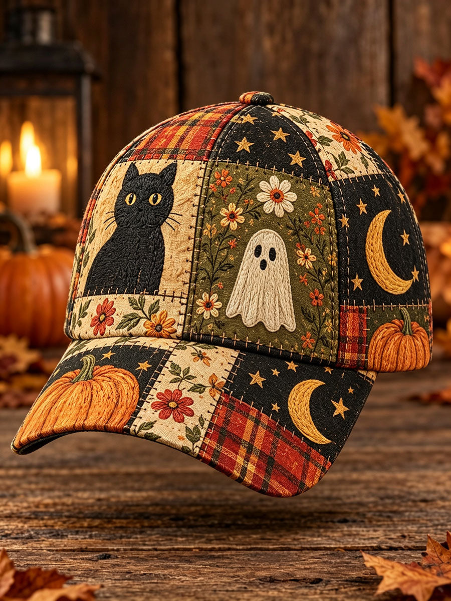 Gorra patchwork con gato negro y fantasma
