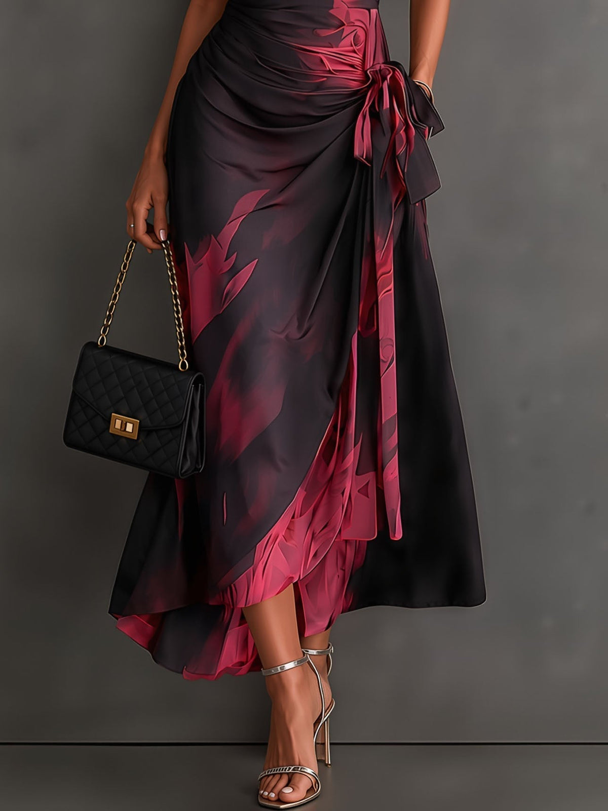 Emilia | Vestido Midi Cruzado con Estampado Abstracto y Bajo Asimétrico