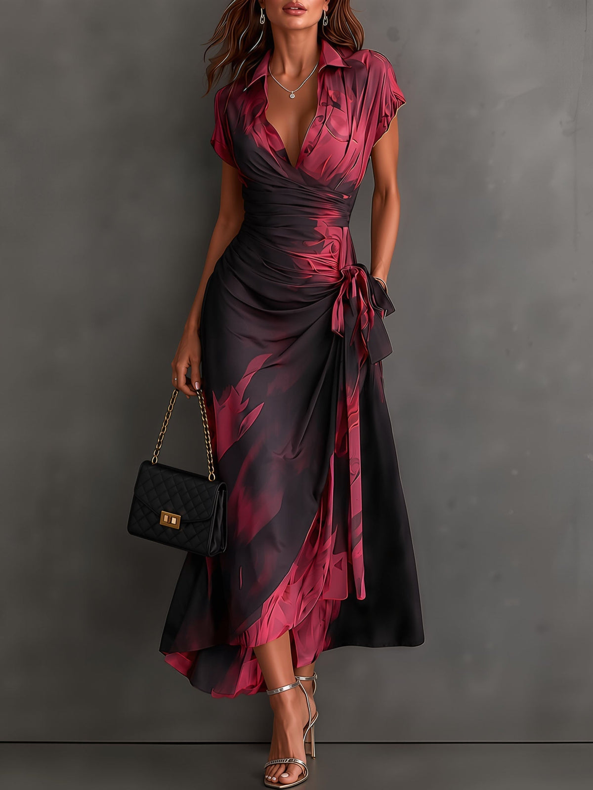 Emilia | Vestido Midi Cruzado con Estampado Abstracto y Bajo Asimétrico